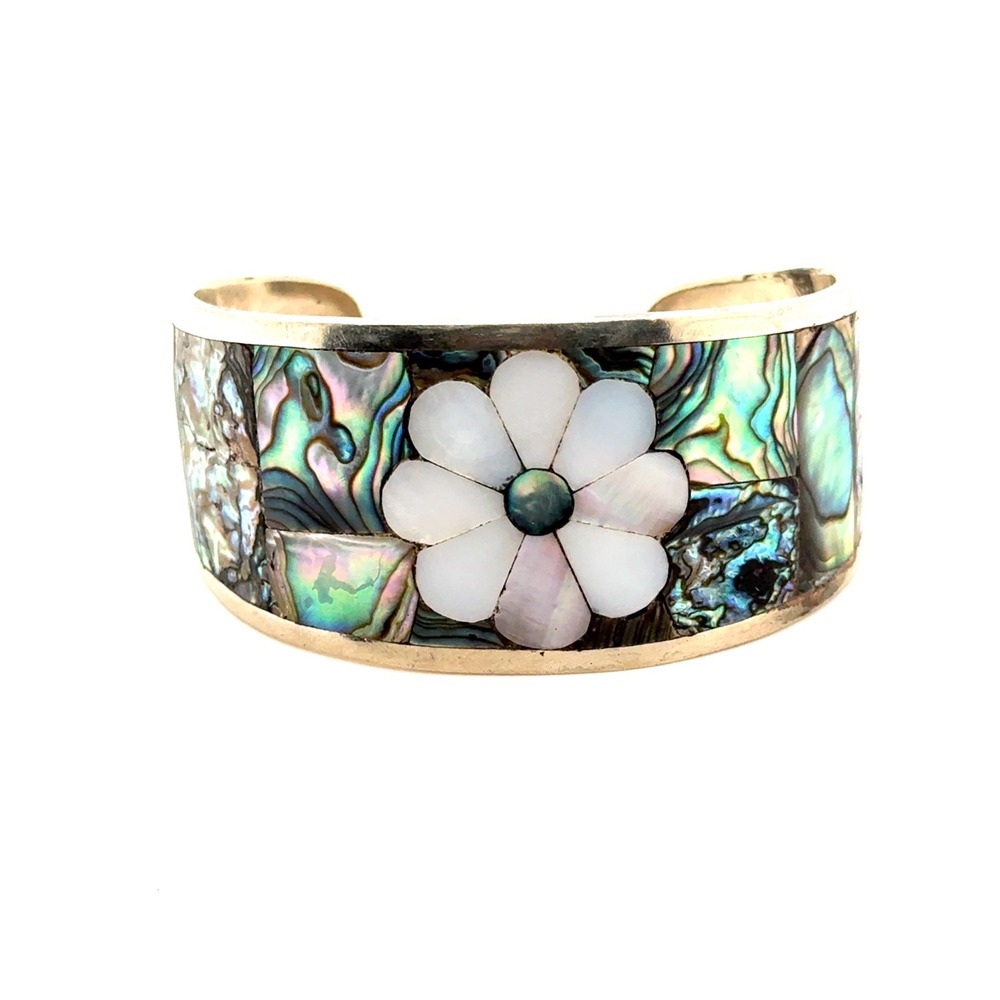 Vintage Mexico Alpaca Silver Abalone Shell Mother of Pearl Flower Cuff Bracelet